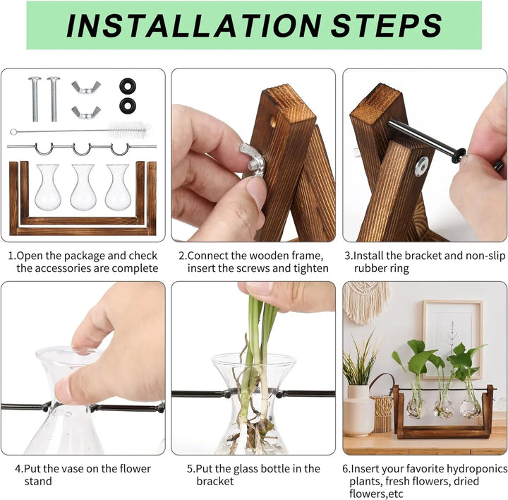 Plant Terrarium with Wooden Stand Planter Bulb Glass Vase Metal Swivel Holder Tabletop for Hydroponics Home Office Decoration